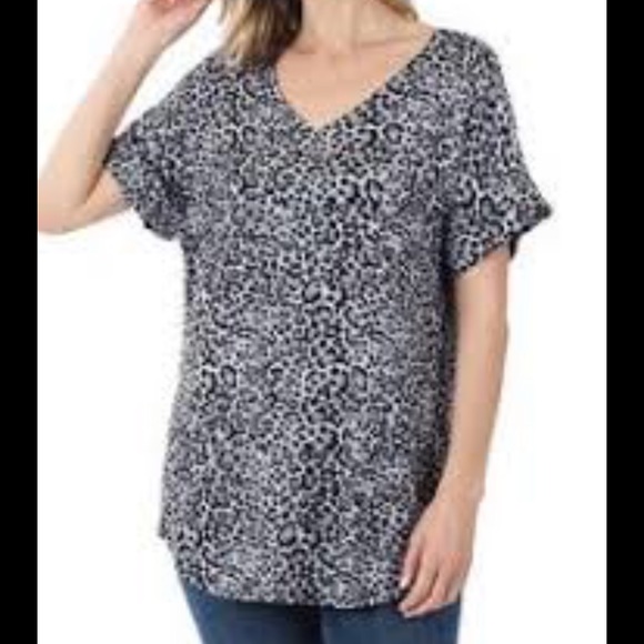 Grey leopard print cuff sleeve neck tunic tshirt top - Picture 4 of 5